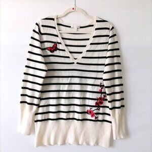 The New York & Company Womens White V Neck Embroidered Floral Sweater Size L